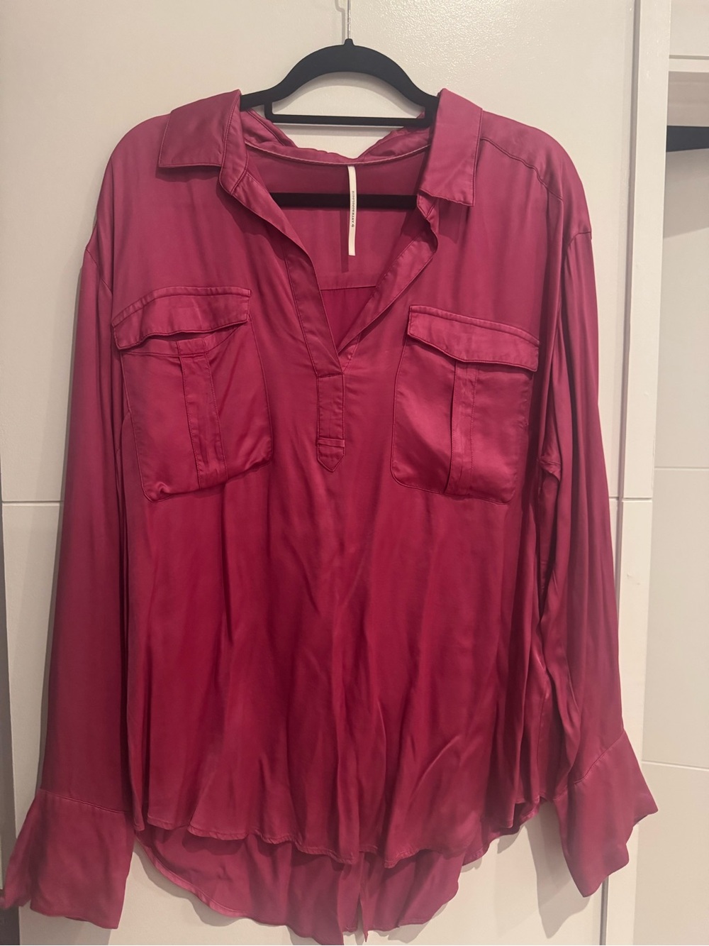 Anthropologie Satin Utility Blouse in Berry Red